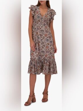 Veronica Beard Dolci Etched Floral Print Ecru Dress